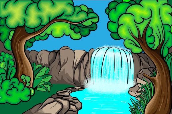 Cascada de estilo de dibujos animados en el bosque — Vector stock ...