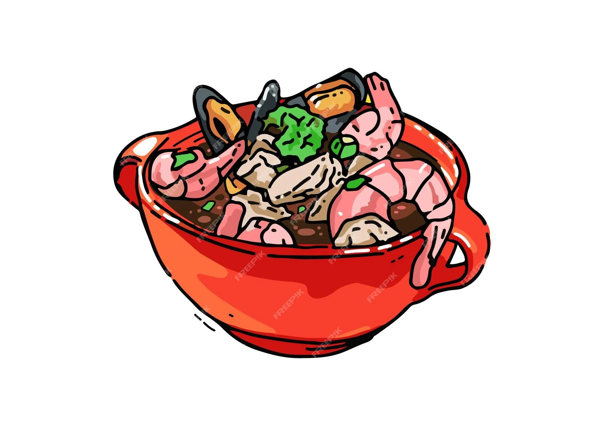 Cazuela de mariscos sopa de mariscos en un estilo dibujado | Vector Premium