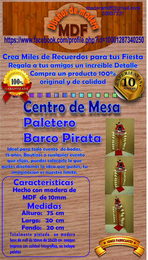 centro de mesa de madera mdf paletero barco pirata