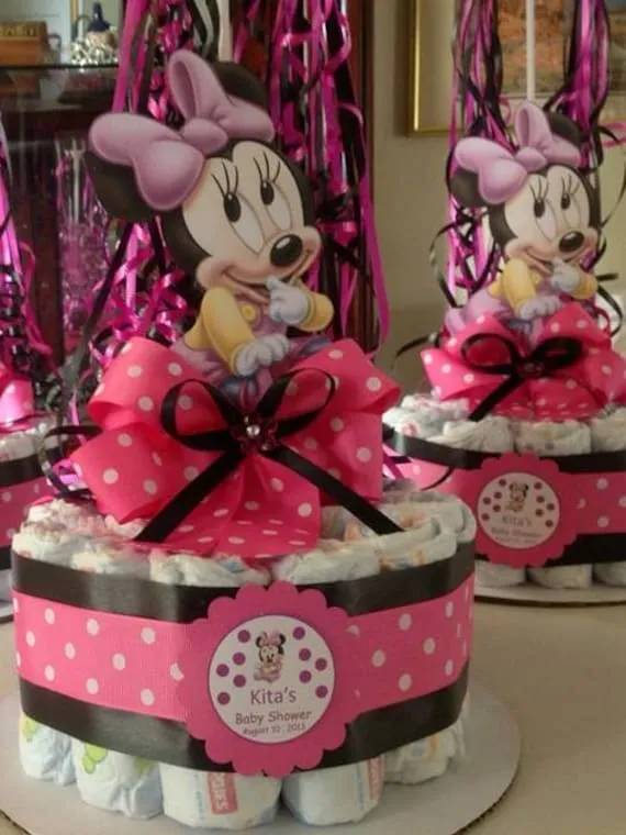 Centro de Mesa de Pañales Minne Mouse con Globo por designsbyemilys Centro de Mesa de Pañales Minne Mouse con Globo por designsbyemilys