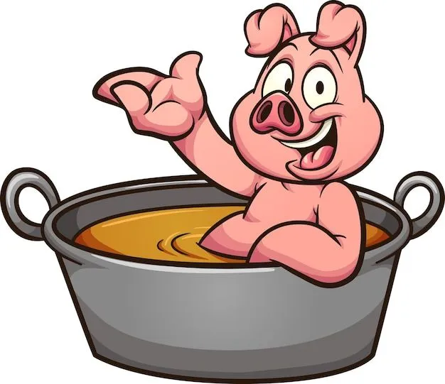 Cerdo de dibujos animados bañándose en una cazuela grande | Vector Premium