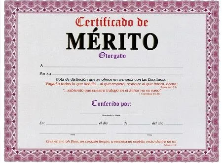 CERTIFICADO DE MERITO (Paq. de 15 unidades) - Senda de Vida CERTIFICADO DE MERITO (Paq. de 15 unidades) - Senda de Vida