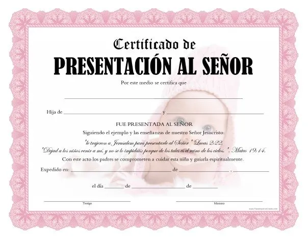 Certificado de Presentación de Niña - Para Imprimir Gratis ...