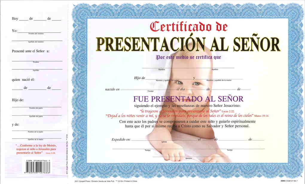 Certificado de Presentacion - Niño pqt. de 15 - Editorial Evangelica Certificado de Presentacion - Niño pqt. de 15 - Editorial Evangelica