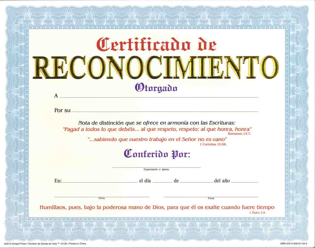 Certificado de Reconocimiento pqt. de 15 - Editorial Evangelica Certificado de Reconocimiento pqt. de 15 - Editorial Evangelica
