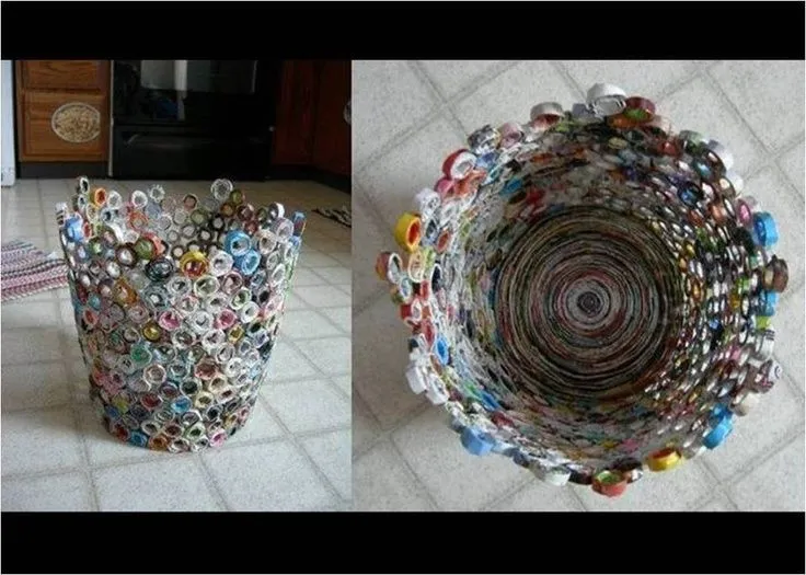 Cesto de basura creado con rollizos de revistas y papel periódico ...