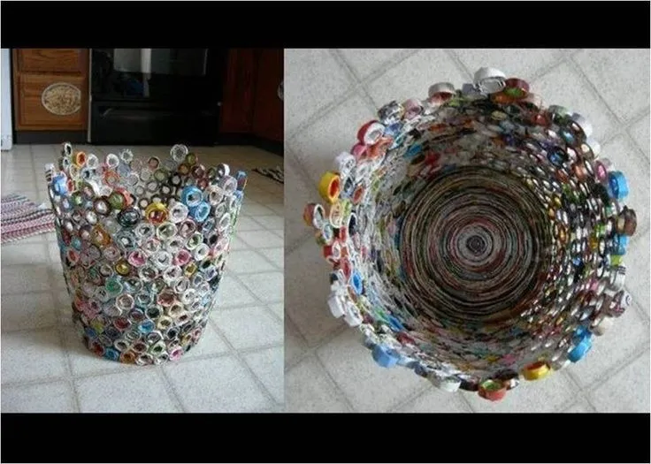 Cesto de basura creado con rollizos de revistas y papel periódico ... Cesto de basura creado con rollizos de revistas y papel periódico ...