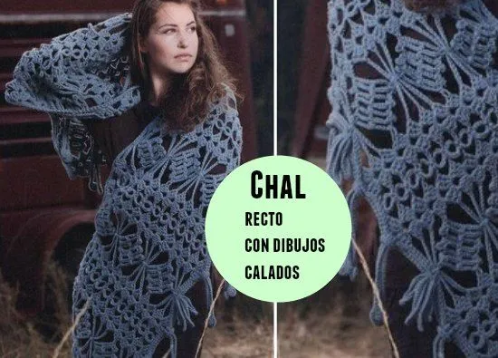 Chal recto con dibujos calados y borlas - Patrones Crochet Chal recto con dibujos calados y borlas - Patrones Crochet