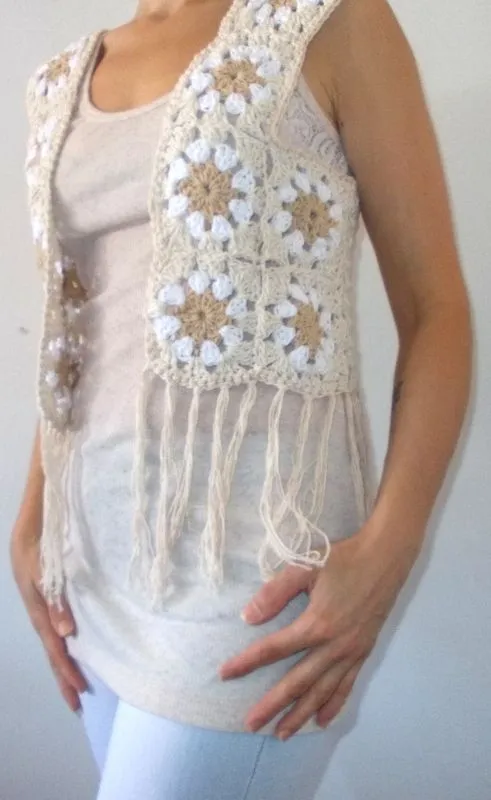 chaleco de hilo de algodón tejido al crochet con flecos ...