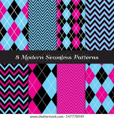 8 Chevron And Argyle Patterns In Blue, Hot Pink And Black With ... 8 Chevron And Argyle Patterns In Blue, Hot Pink And Black With ...