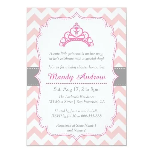 Chevron rosado, princesa Crown, fiesta de Invitación 4.5" X 6.25 ...