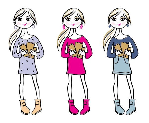 Chicas dibujadas con los libros de la mano — Vector stock ... Chicas dibujadas con los libros de la mano — Vector stock ...