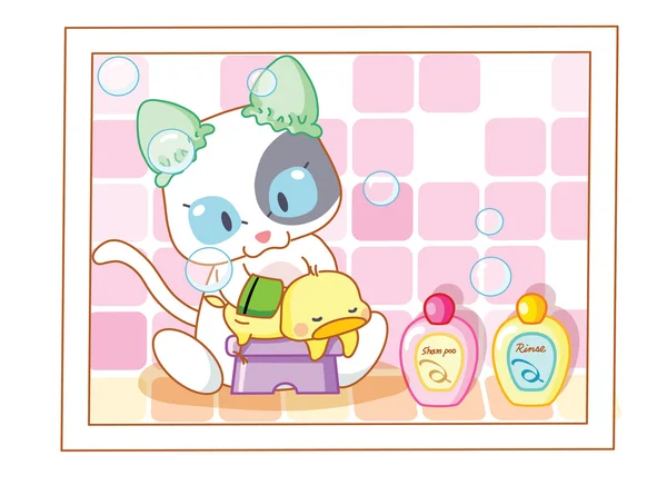 Chicas de dibujos animados lindo gato bañarse — Vector stock ... Chicas de dibujos animados lindo gato bañarse — Vector stock ...