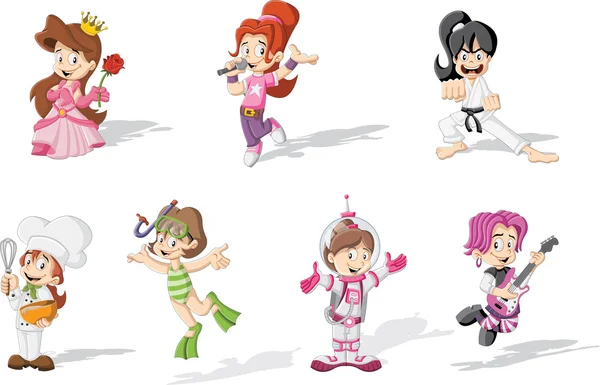 Chicas de dibujos animados vestidos con trajes diferentes — Vector ...
