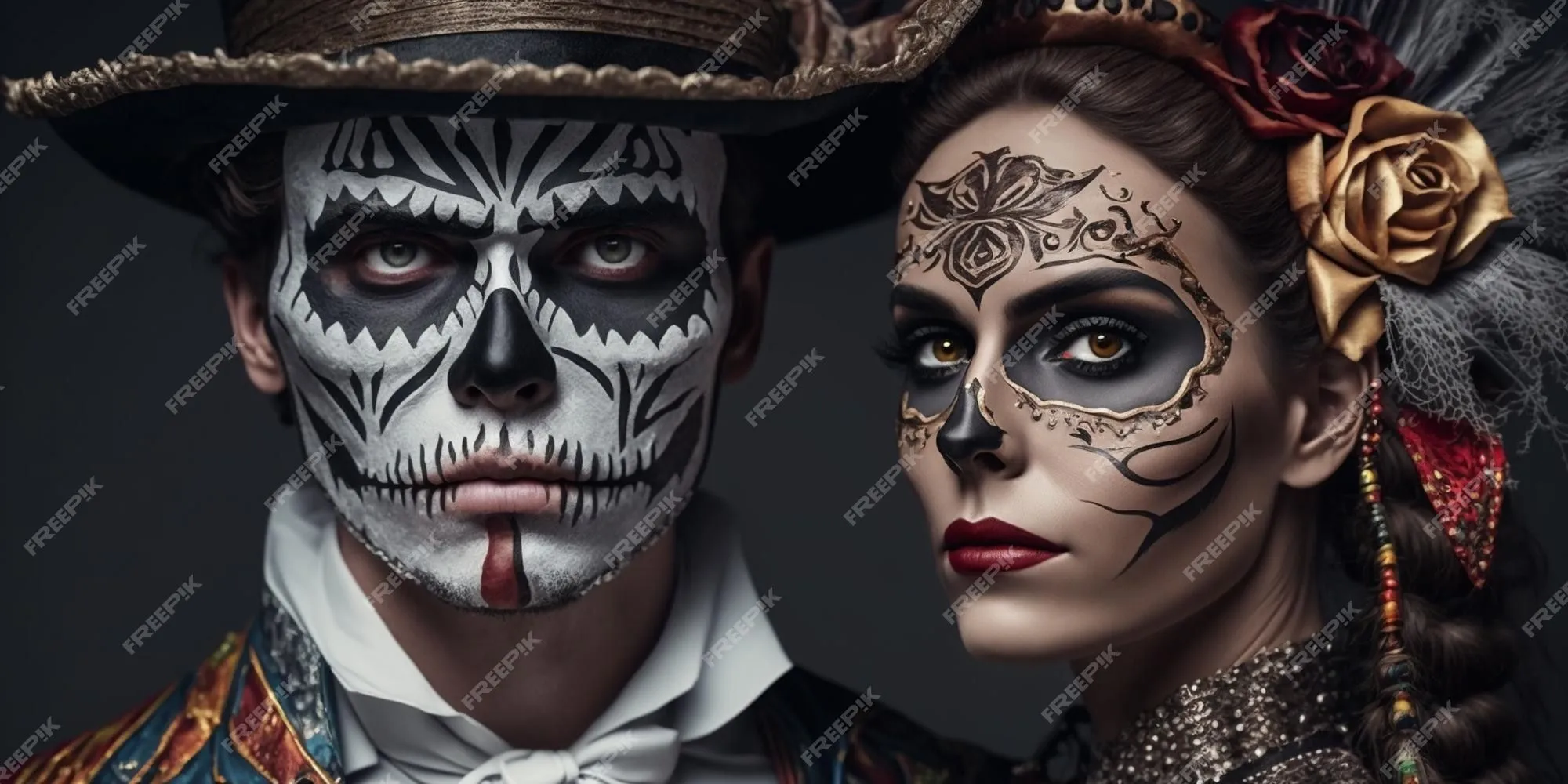 Chico y chica asombrados con caras pintadas para halloween miran con miedo  tiro de pareja en trajes nacionales mexicanos | Foto Premium