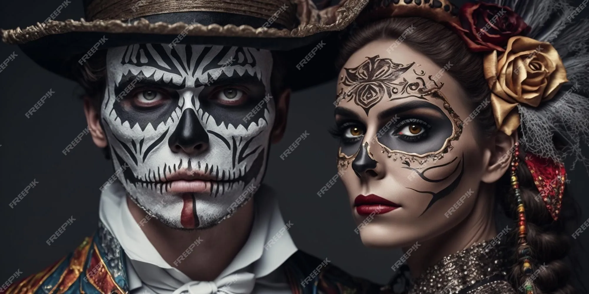 Chico y chica asombrados con caras pintadas para halloween miran con miedo tiro de pareja en trajes nacionales mexicanos | Foto Premium Chico y chica asombrados con caras pintadas para halloween miran con miedo tiro de pareja en trajes nacionales mexicanos | Foto Premium
