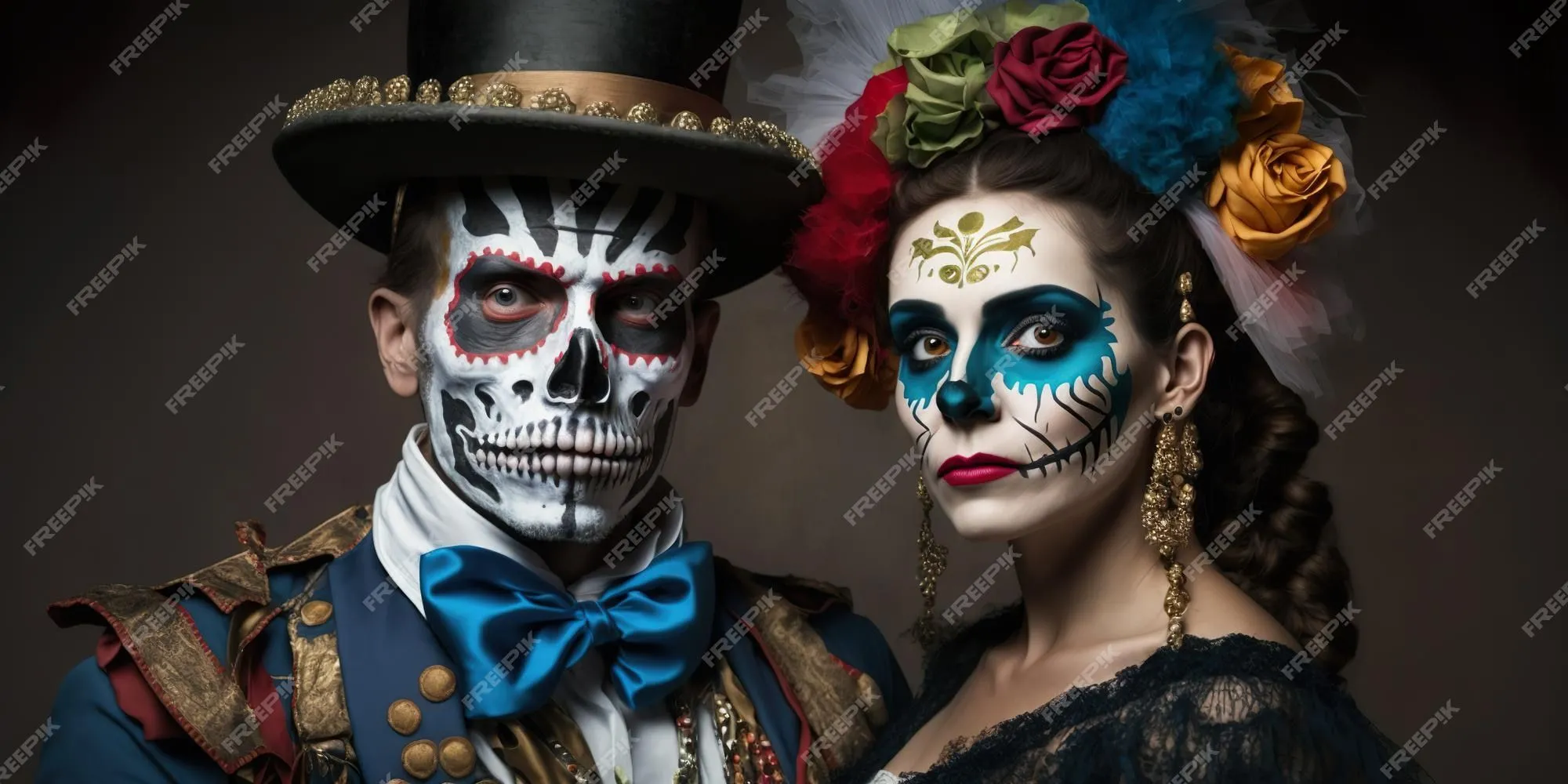 Chico y chica asombrados con caras pintadas para halloween miran con miedo tiro de pareja en trajes nacionales mexicanos | Foto Premium Chico y chica asombrados con caras pintadas para halloween miran con miedo tiro de pareja en trajes nacionales mexicanos | Foto Premium