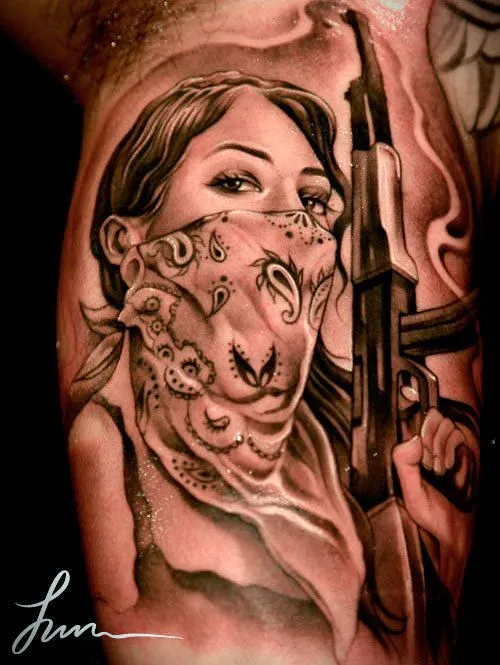 Chola with a cuerno de chivo tattoo. Art by Jun... Chola with a cuerno de chivo tattoo. Art by Jun...