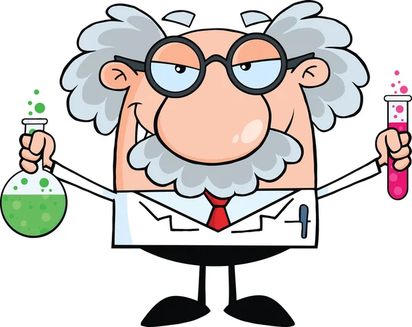Científico loco o profesor sosteniendo una botella y un frasco con ...