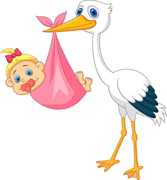 Cigüeña con Bebé niña de dibujos animados — Vector stock ... Cigüeña con Bebé niña de dibujos animados — Vector stock ...