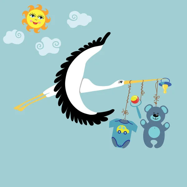 Cigüeña volando con artículos para bebé recién nacido — Vector ... Cigüeña volando con artículos para bebé recién nacido — Vector ...