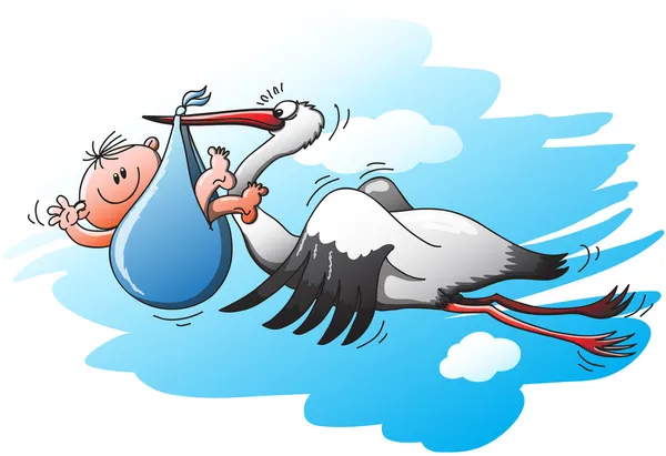 Cigüeña volando y sosteniendo a un bebé recién nacido — Vector ...