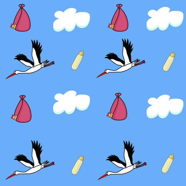 Las cigüeñas inconsútiles, niños, nubes, botella — Vector stock ... Las cigüeñas inconsútiles, niños, nubes, botella — Vector stock ...