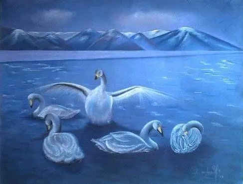 Cisnes en paisaje azul Sandra Mylena Fonseca Solano - Artelista.com