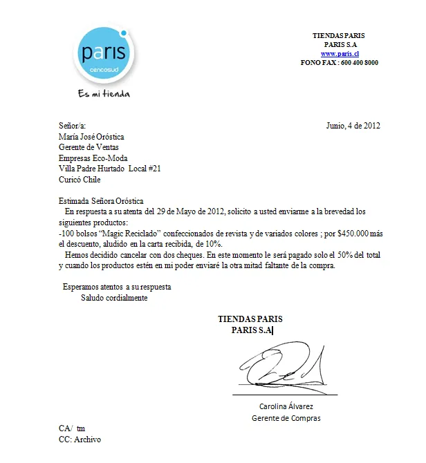 Claudia Palomera: Carta de Pedido