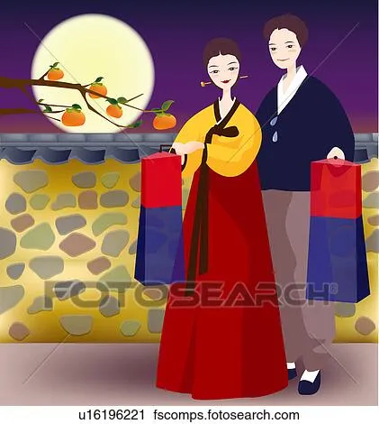 Clipart - respeto, cosecha, pareja, hanbok, costumbre, otoño ...