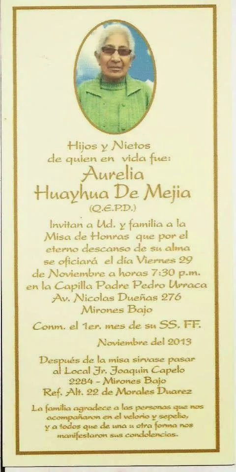 CLUB SOCIAL CHACHAS: Misa de Honras de quien en vida fue Aurelia ... CLUB SOCIAL CHACHAS: Misa de Honras de quien en vida fue Aurelia ...