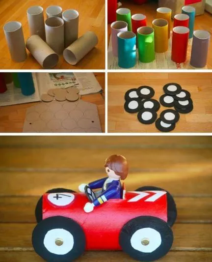 Cochecitos de colores hechos con tubos de papel higiénico Cochecitos de colores hechos con tubos de papel higiénico