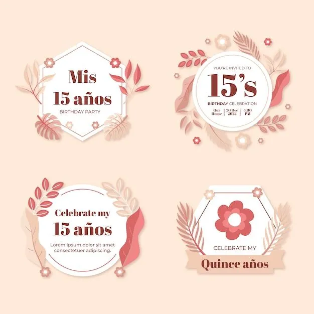 Colección de etiquetas de quinceañera floral de diseño plano | Vector Gratis