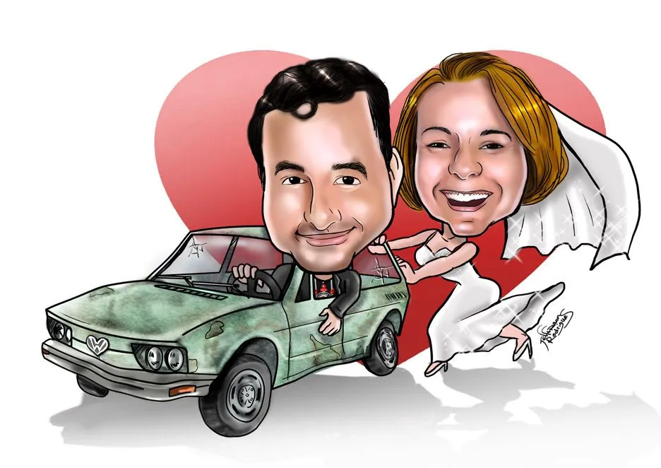  coloca-la na caricatura deles , e a noiva empurrando o carro ...