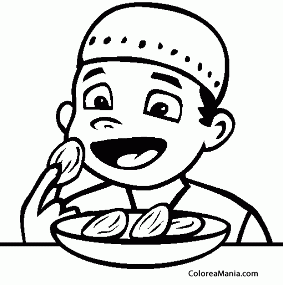 Colorear Niño comiendo dátiles (Frutas), dibujo para colorear gratis Colorear Niño comiendo dátiles (Frutas), dibujo para colorear gratis