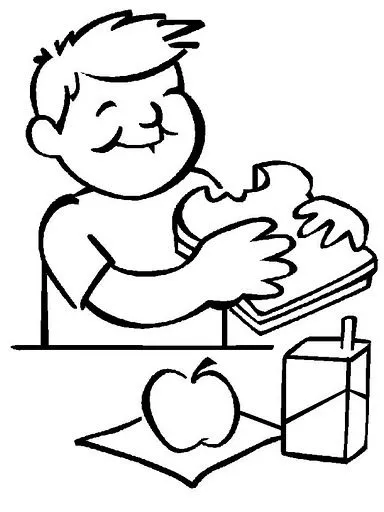 Colorear niño comiendo sandwich manzana y jugo - Portal Escuela