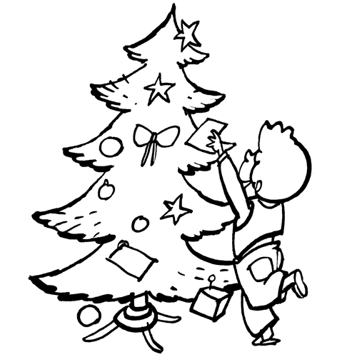 Dibujos con niños: Colorear un niño decorando un árbol de Navidad