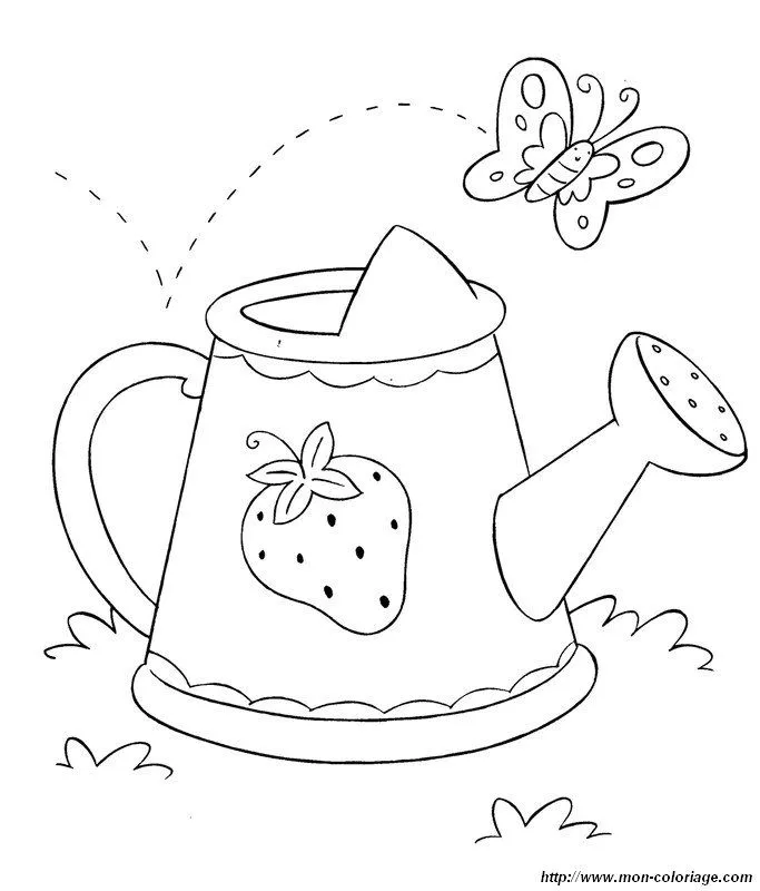 Colorear Tarta de fresa, dibujo regadera y mariposa Colorear Tarta de fresa, dibujo regadera y mariposa