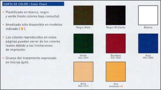 Colores acabados - Lacados, anodizados y plastificados Colores acabados - Lacados, anodizados y plastificados