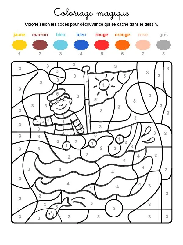 Coloriage magique en français: un marinero en su barco Coloriage magique en français: un marinero en su barco