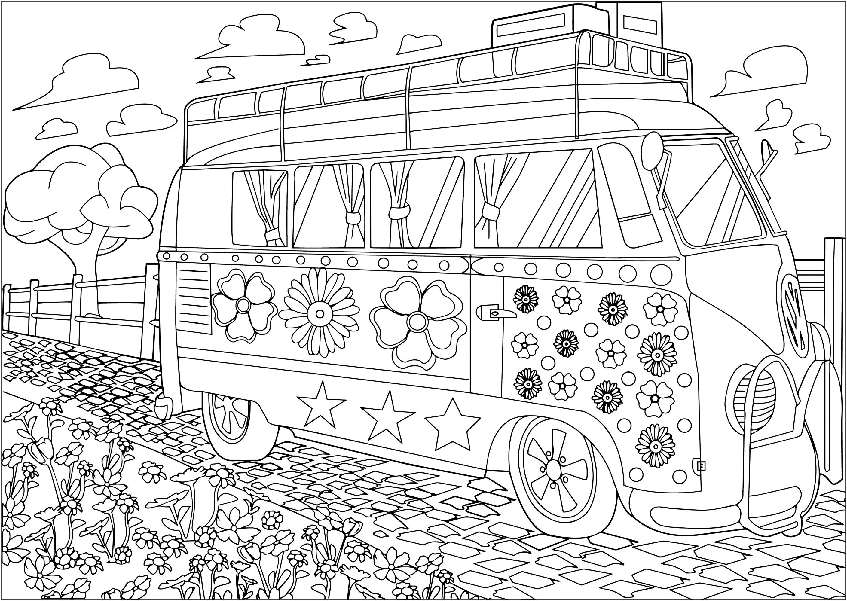 Combi Volkswagen hippy el Woodstock - Vintage - Colorear para Adultos Combi Volkswagen hippy el Woodstock - Vintage - Colorear para Adultos