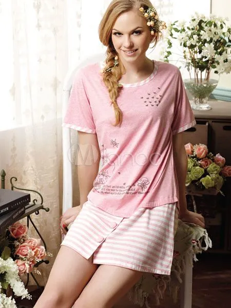 Cómodo rosa corto vestido sin mangas de pijama para mujer ...