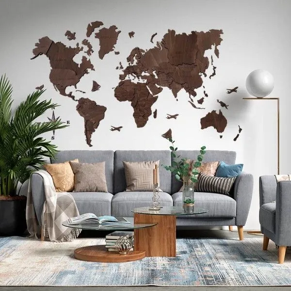 Comprar Mapamundi 3d de madera en tono oscuro para decoración de paredes Comprar Mapamundi 3d de madera en tono oscuro para decoración de paredes