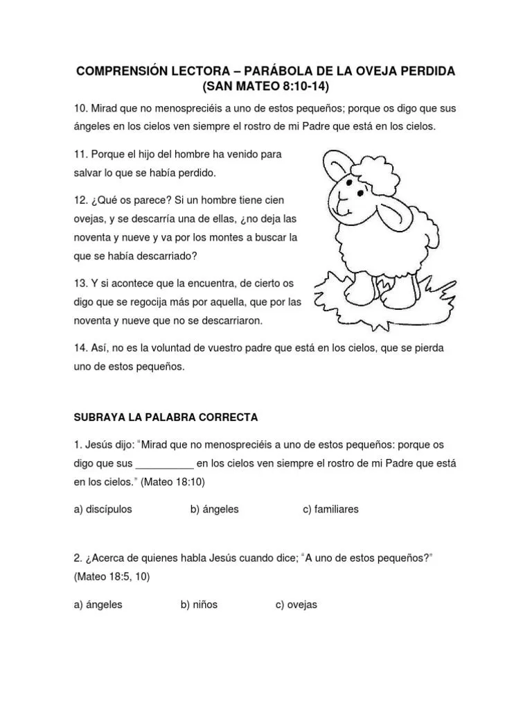 COMPRENSIÓN LECTORA-Parábola de La Oveja Perdida | PDF | Evangelio de Mateo | Contenido del Nuevo Testamento COMPRENSIÓN LECTORA-Parábola de La Oveja Perdida | PDF | Evangelio de Mateo | Contenido del Nuevo Testamento