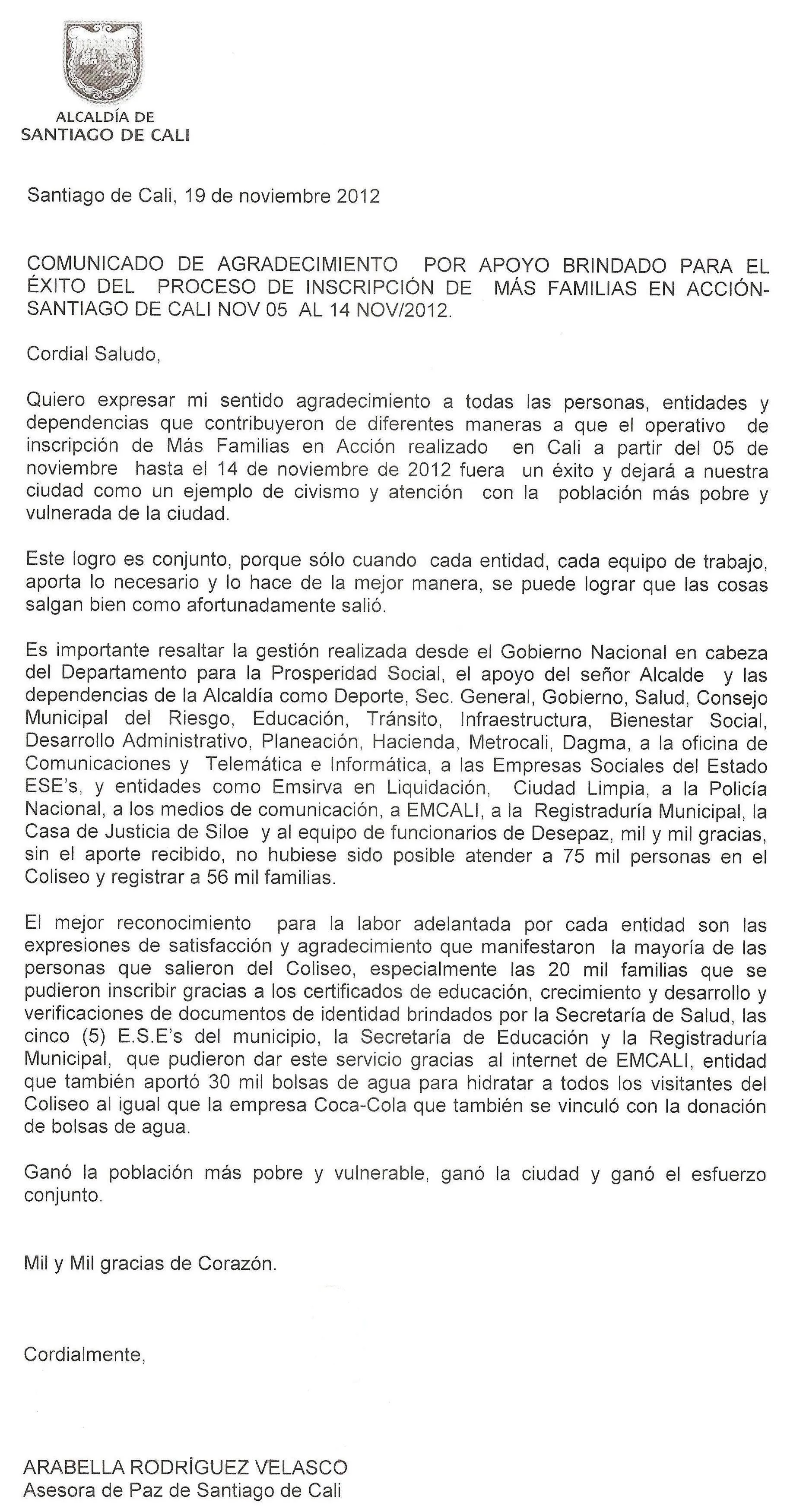 Comunicado de agradecimiento por apoyo brindado para el éxito del ... Comunicado de agradecimiento por apoyo brindado para el éxito del ...