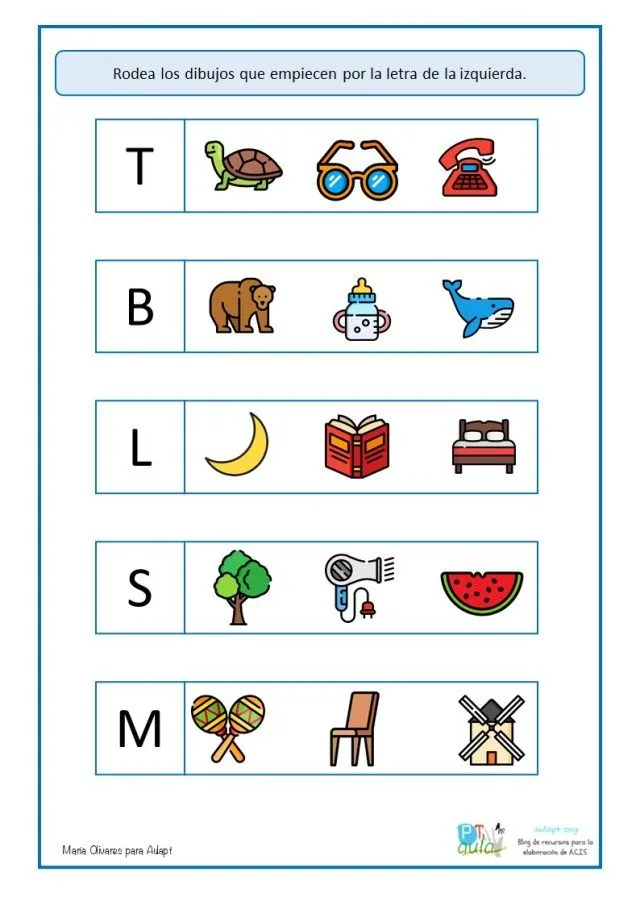 Conciencia fonológica: Rodea los dibujos que empiecen por la letra... - Aula PT Conciencia fonológica: Rodea los dibujos que empiecen por la letra... - Aula PT