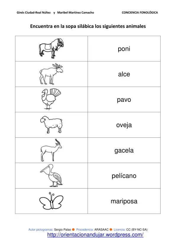 Conciencia fonológica; Sopas de letras silábicas animales y ...