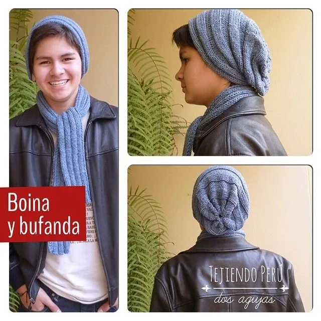 Conjunto de boina caída y bufanda tejidas en dos agujas para ... Conjunto de boina caída y bufanda tejidas en dos agujas para ...