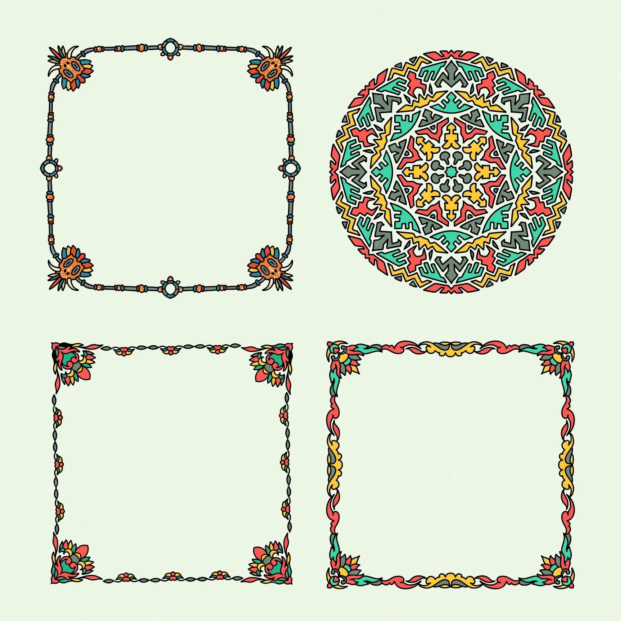 Conjunto de borde de marco de adorno étnico dibujado a mano estilo colorido | Vector Premium Conjunto de borde de marco de adorno étnico dibujado a mano estilo colorido | Vector Premium