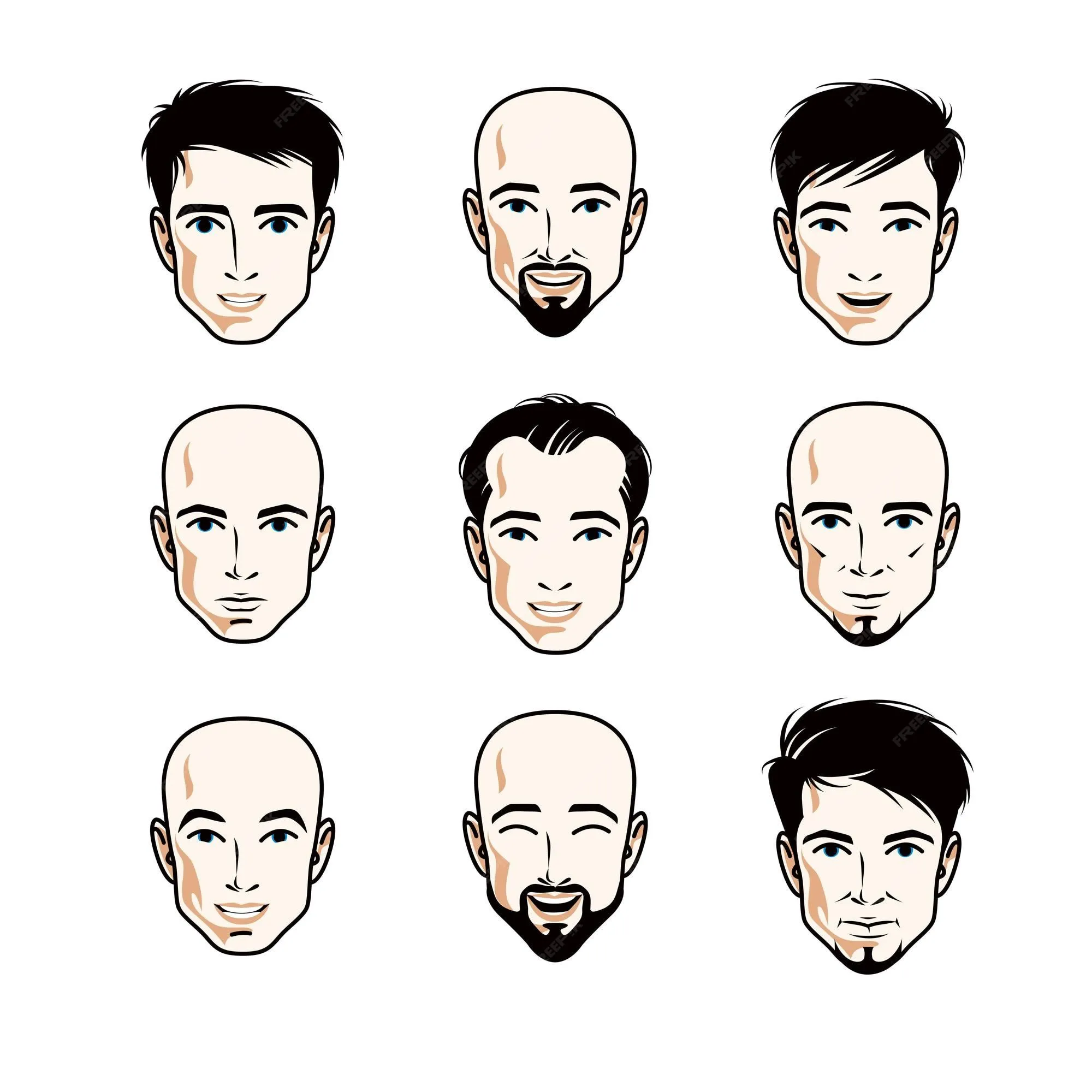 Conjunto de caras de hombres, cabezas humanas. diferentes personajes vectoriales como morenos, calvos, con bigotes o hombres barbudos y guapos. | Vector Premium Conjunto de caras de hombres, cabezas humanas. diferentes personajes vectoriales como morenos, calvos, con bigotes o hombres barbudos y guapos. | Vector Premium